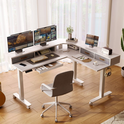 63" W L Shaped Standing Desk with Drawers and Wheels, Dual Motor Adjustable Desk for Home Office
