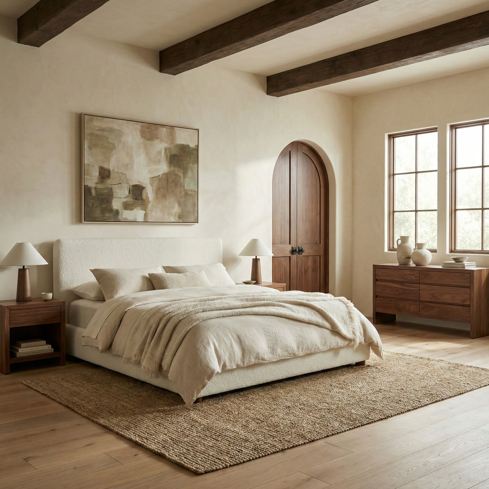 Callahan Linen Upholstered Bed, King, Ivory Boucle
