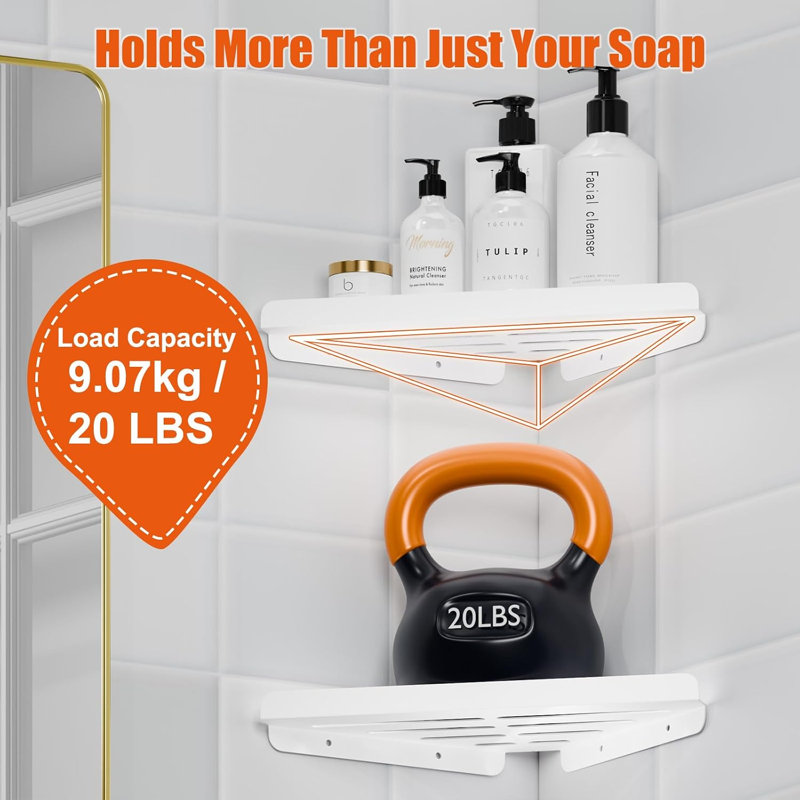 Panier de douche en coin triangulaire à fixer par adhésif et vis, organisateur de rangement de salle de bain en métal antirouille avec colle adhésive, blanc