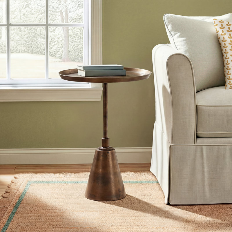 Leah Ferri Round Aluminum Oil Brass Finished Pedestal Base End Table, 22" H x 16" W x 16" D