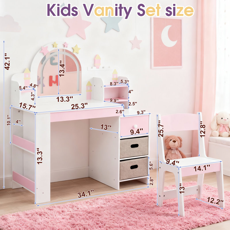 Ensemble de coiffeuse en MDF pour enfants en blanc et rose avec 1 tiroir et support de rangement