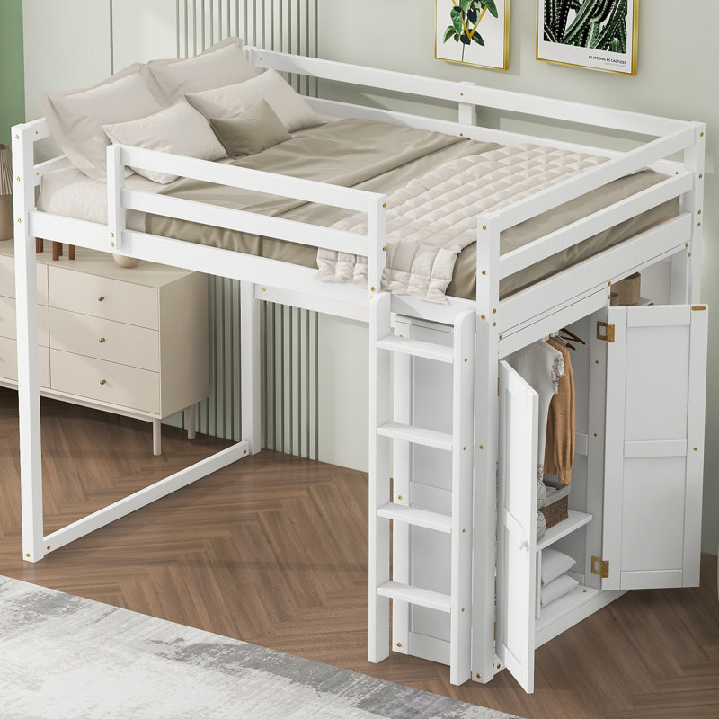 Lit mezzanine en bois avec garde-robe intégré et tablettes de rangement, Blanc