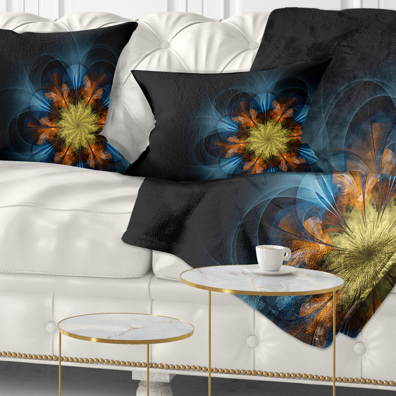 Fleur symétrique bleue, orange et fractale - coussin imprimé abstrait, 18 po x 18 po, Carré