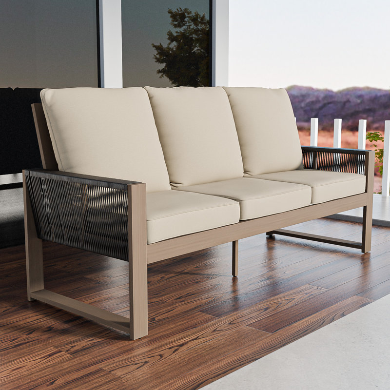 Outdoor Patio Cedar Wood Brown Round Wicker 3-Seat Sofa with Olefin Thick Cushions, Beige