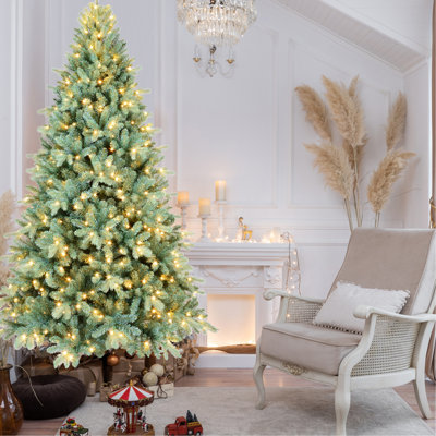 Arbre de Noël 58,61 po bleu, 250 lumières blanches chaudes, 854 pointes, ambiance de vacances douillette, arbre en métal de 5 pi avec aspect naturel dense, stable