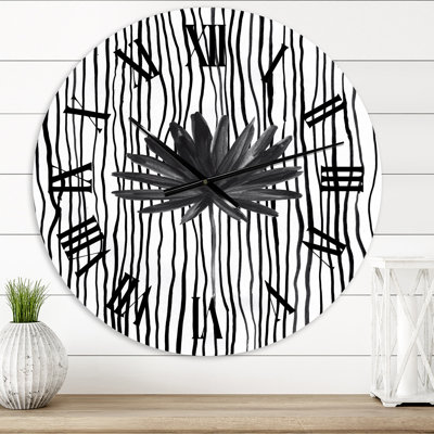 Horloge murale moderne noir et blanc à feuilles tropicales sur rayures III