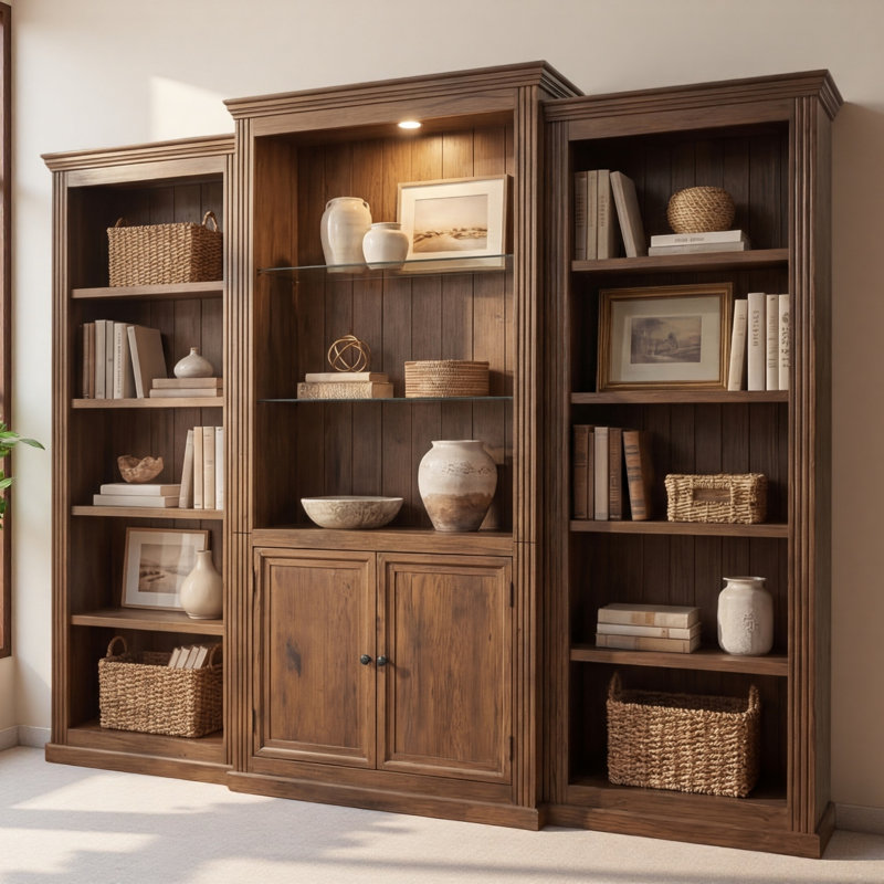 Bibliothèque de 78,75 po de hauteur, 3 pièces, vitrine avec plafonnier à DEL, bibliothèques de style rétro avec tablettes en verre trempé pour le salon, le bureau, le studio ou l'espace de travail