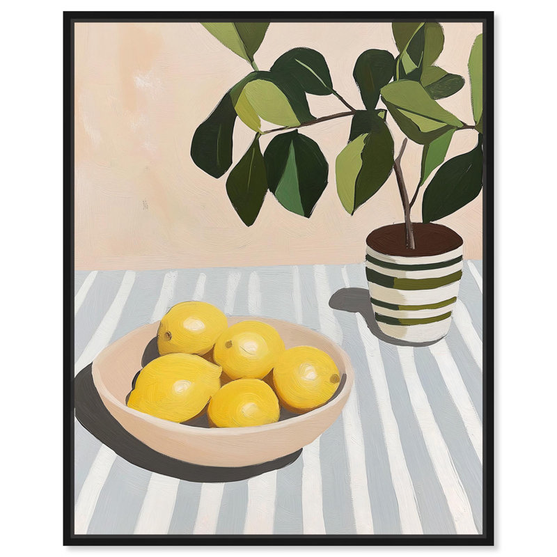 Art minimaliste citron avec toile verte par Art Remedy, H 21 po x l 17 po, Cadre flottant noir