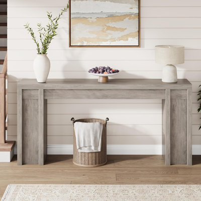 Console extra longue en bois de style campagnard 70,9 po - 2 tiroirs, rangement ouvert à 2 niveaux, entrée robuste ou table de canapé résistante aux marques pour le salon, le couloir ou le vestibule - couleur grise