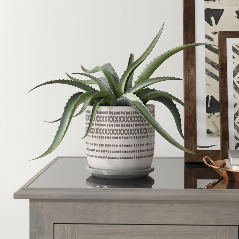 Ceramic and Cream Planter with Saucer Featuring Aztec Design, 6" H x 6" W x 6" D, Gray