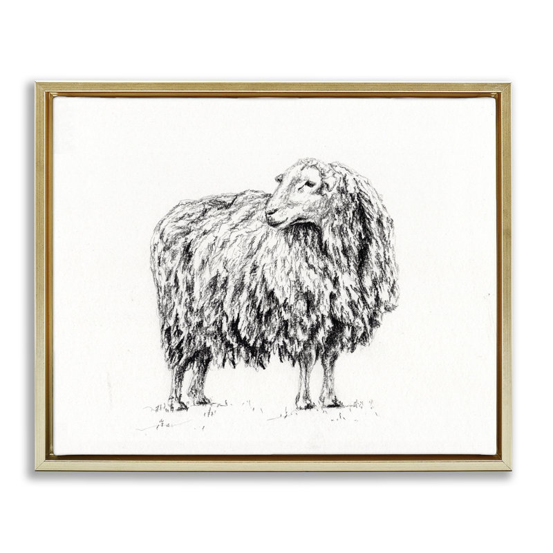 Mouton dans un cadre flottant gris anthracite, design par Leah Noel Art, H 25 po x l 31 po, Cadre flottant métallique doré