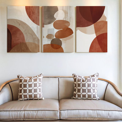 3 pièces de formes géométriques abstraites de grande taille dans des tons de terre, trois pièces d'art mural pour le salon, la chambre à coucher, le bureau et la décoration intérieure, aspect encadré