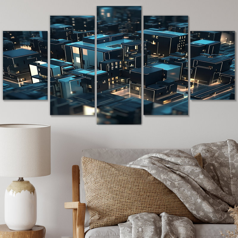 3D architecture urbaine futuriste turquoise - décoration murale architecture futuriste - 5 panneaux