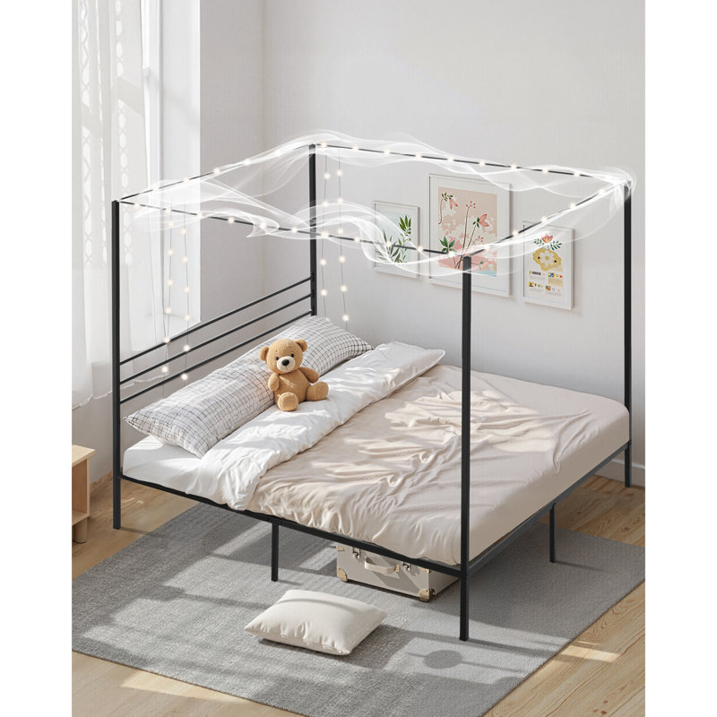 Structure de lit à baldaquin très grand, lit à baldaquin en métal avec quatre affiches, support de lattes en acier robuste, espace de rangement sous le lit, aucun sommier tapissier requis, assemblage facile
