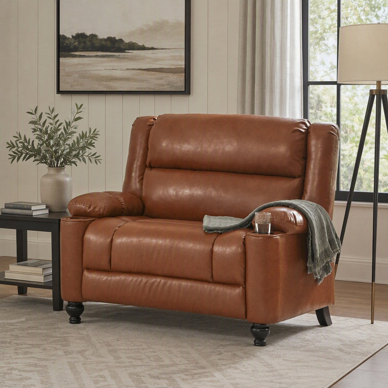 Fauteuil inclinable manuel en similicuir avec porte-gobelets et dossier réglable, pieds en bois massif