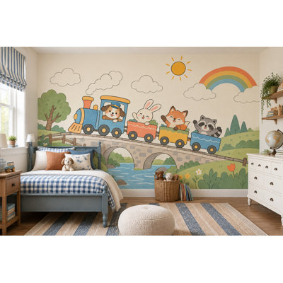 Papier peint mignon avec des animaux et un train, fresque murale pastel de conte de fées