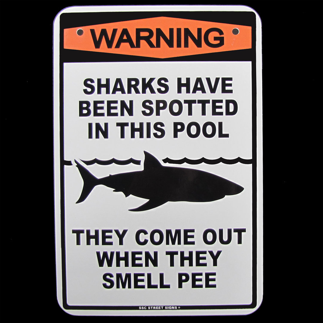 Warning Sharks Spotted Pee in Swimming Pool No Peeing Tin Sign Funny Wall Decor Inbox Zero