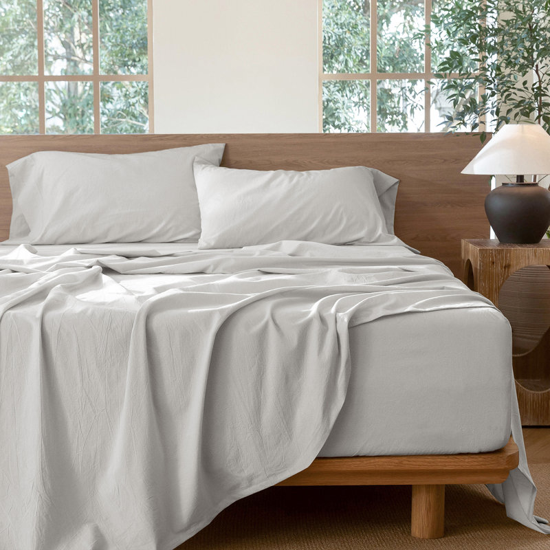 Ensemble de draps MooMee, Ensemble de draps pour grand lit avec 2 taies d'or, Gris bleu clair uni