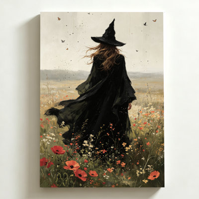 Tableau sur toile d'Halloween 40 x 60 cm. Sorcière s'éloignant dans un champ de fleurs. Impression sur toile, peinture à l'huile, ambiance éthérée et mystique. Décoration murale moderne pour chambre, salon et bureau.