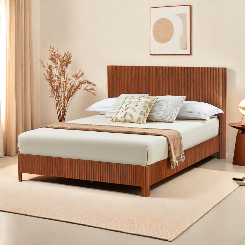 Structure de lit pour grand lit en bois avec lignes ondulées, aucun sommier nécessaire, Noyer
