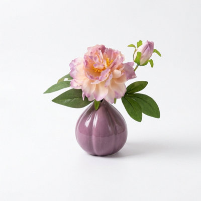 Fausse pivoine mauve avec mini vase en céramique en forme d'oignon mauve