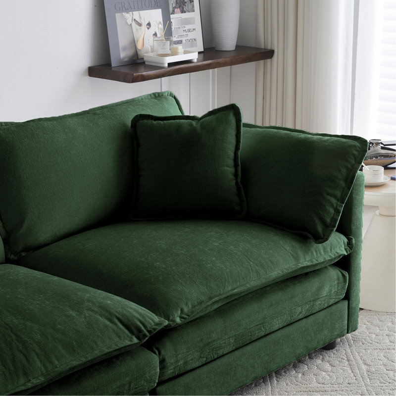 Salon - chenille, 2 sièges, 4 coussins, structure en bois, tissu moderne 2 coussins doux, relaxant