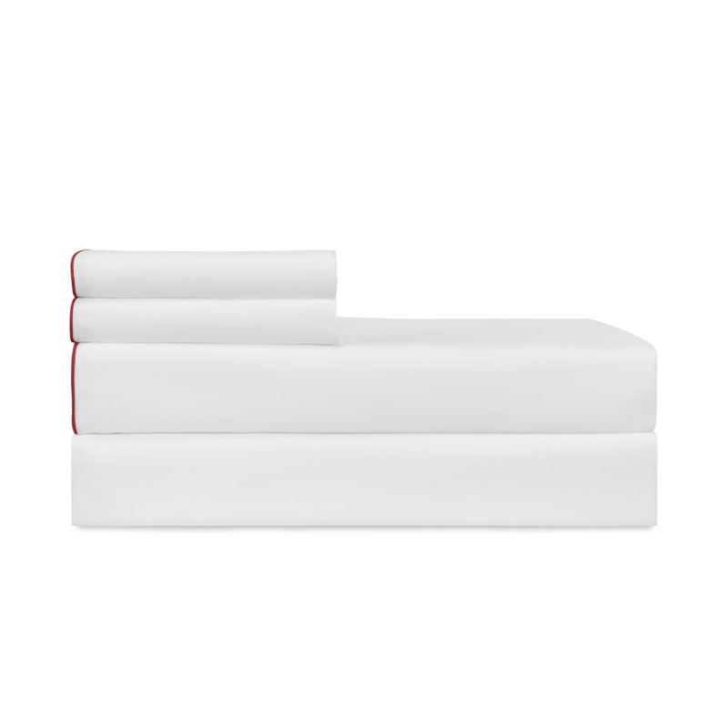 Arlo Percale Sheet Set, White/Currant, Full Sheet Set with 2 Standard Pillowcases