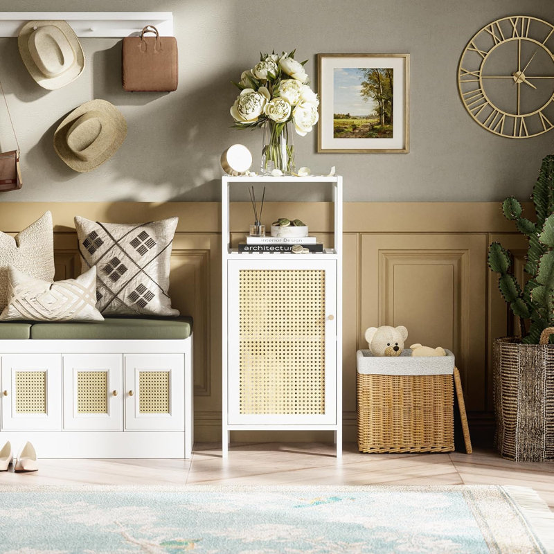 Bamboo Cabinet, Bathroom Storage Cabinet With Rattan Doors, Narrow Side Storage Organizer Freestanding Floor Cupboard For Small Space