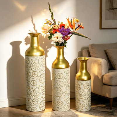Decorative Metal Vases Set of 3, antique Antique White and gold Leaf Pattern Floor Vases, antique Antique White and gold Tall Vases for Home Decor, Living Room Entryway Decor