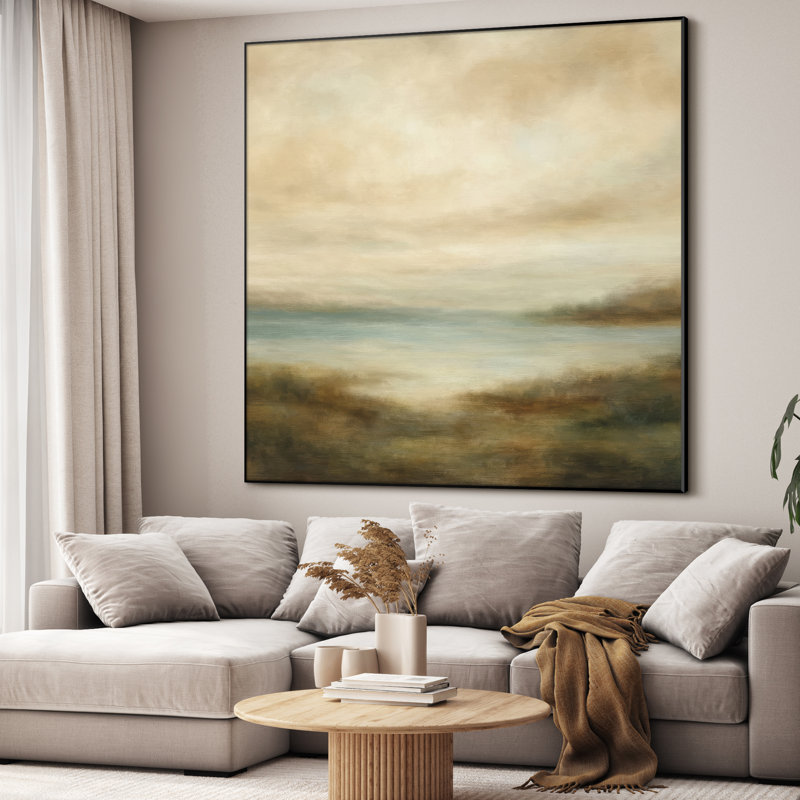 Très grande reproduction d'art mural de paysage côtier serein - bleu pâle et beige, décor neutre pour le salon ou la chambre à coucher, assemblage requis
