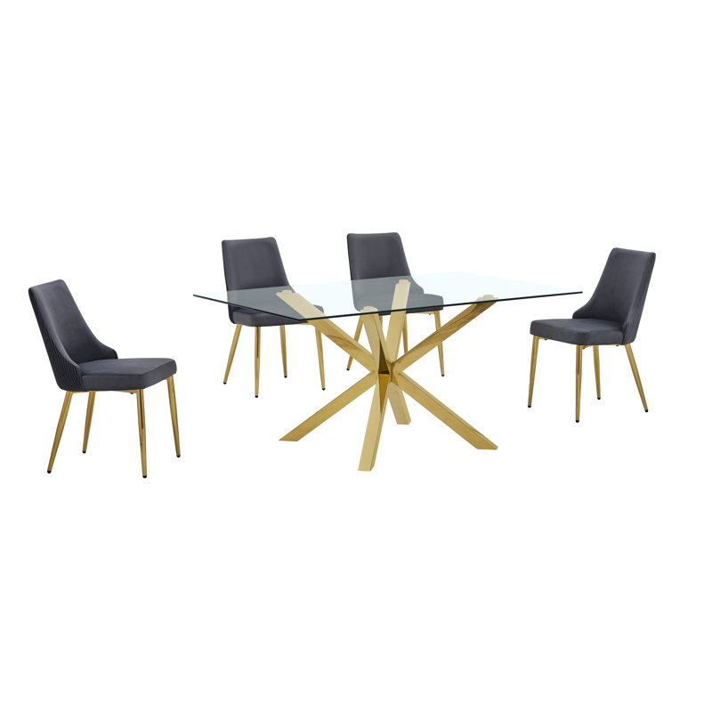 Ensemble de salle à manger en verre avec chaises d'appoint en velours plissé, 5, Gris