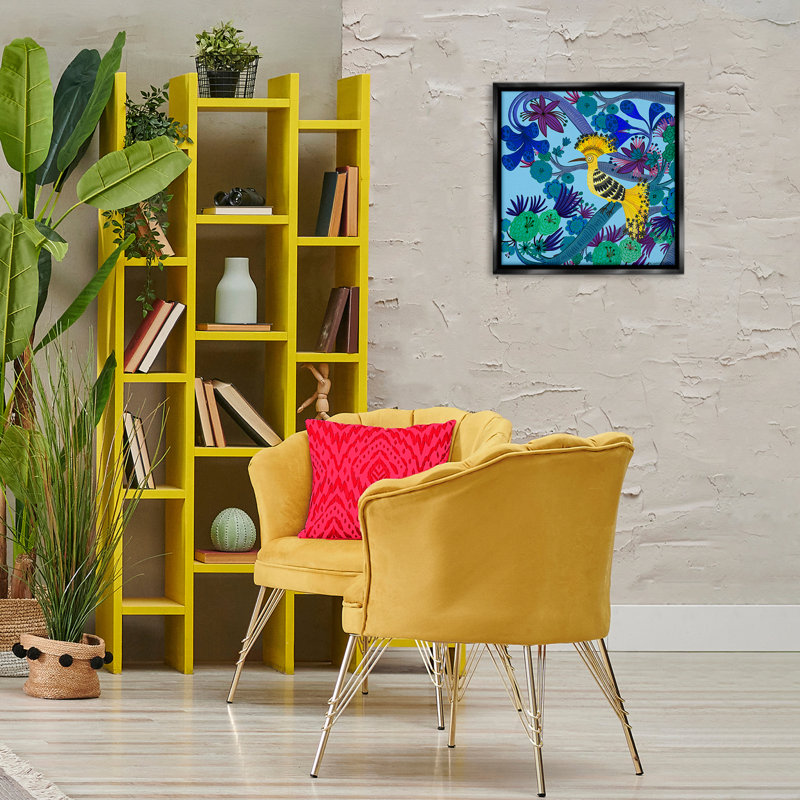 Whimsical Yellow Bird & Flowers Floating Frame, design by Kay Widdowson, Black, 18" H x  18" W