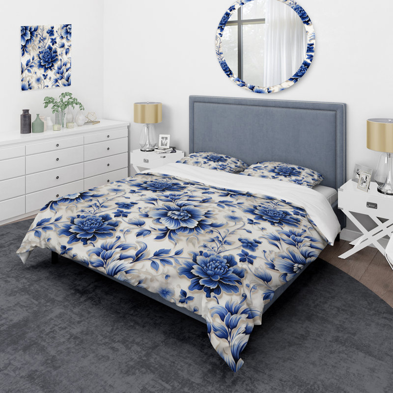 Literie Neo Victorian Cobalt, Housse de couette pour grand lit et 2 taies décor