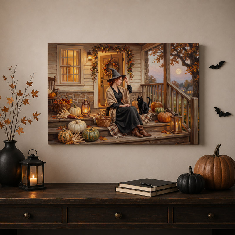 Sorcière assise sur un porche avec un chat noir et toile murale d'Halloween, H 20 po x l 30 po