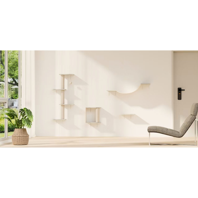 Meuble pour chat 4 pièces avec tablettes, pont, marches et arbre en corde, fabrication de panneaux de particules, structure verticale peu encombrante, mur de bricolage personnalisable, conception facile à installer et réglable