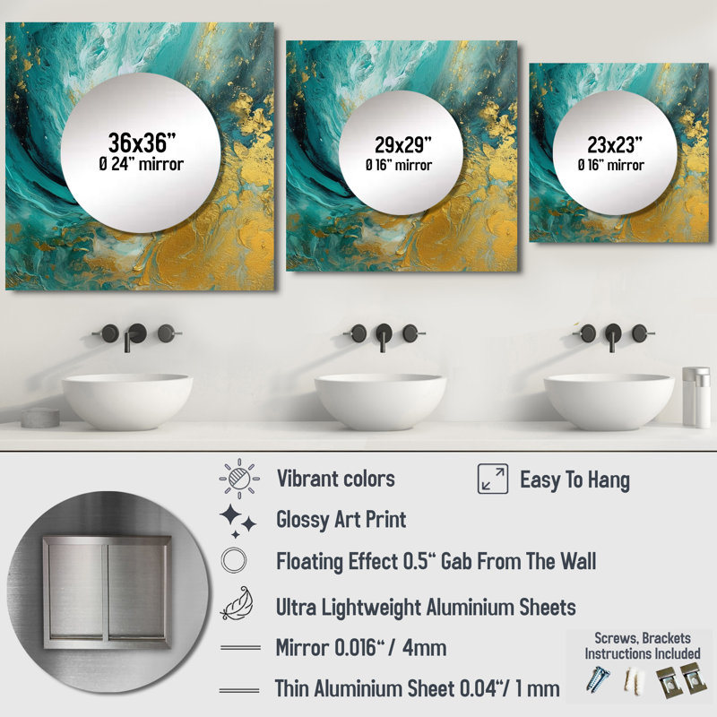 Golden Turquoise Waves Breaking Abstract III - Abstract Shapes Square Mirror Wall Decor For Bedroom, 36" x 36"