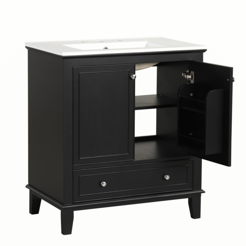 Meuble-lavabo 30 po avec lavabo, armoire multifonctionnelle avec portes et tiroir, bois massif et panneau de fibres à densité moyenne, noir