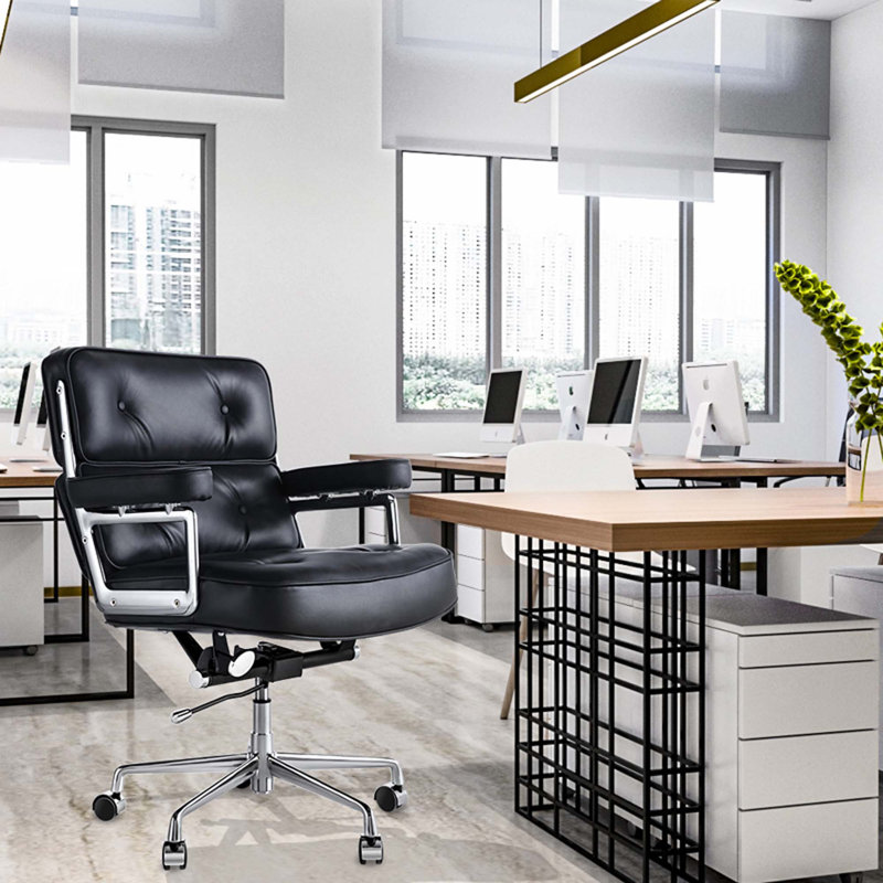 Chaise de bureau en cuir de luxe à dossier haut, support confortable, Noir