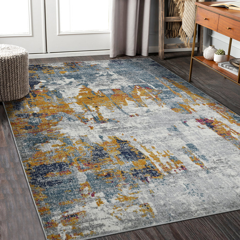 Blue and Orange Rectangular Stain-Resistant Synthetic Area Rug