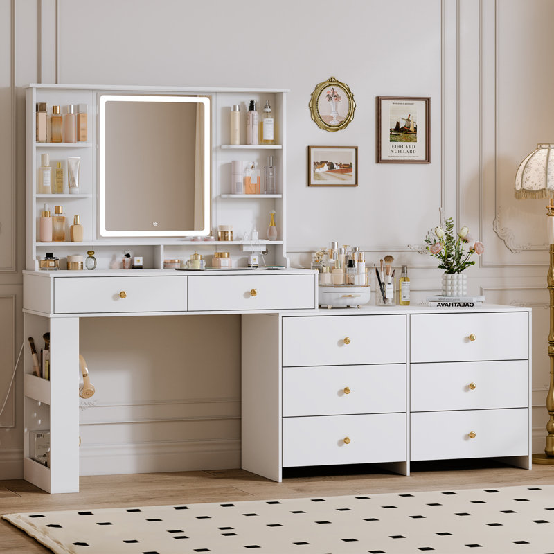 Makeup Vanity Desk With Large Mirror And Lights&charging Station,modern Corner Makeup Vanity Table With 8 Storage Drawers And 8 Shelves,makeup Table For Bedroom,dressing Table With Nightstand