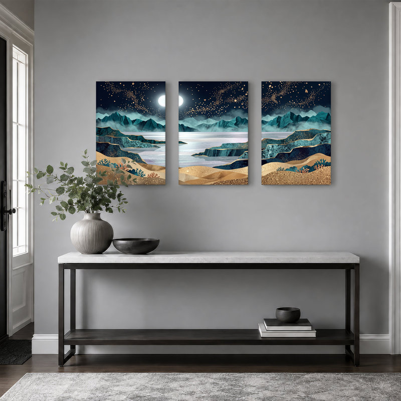 Ensemble de 3 toiles bleu sarcelle et lac au clair de lune avec décorations dorées, H 18 po x l 12 po x 3 pièces
