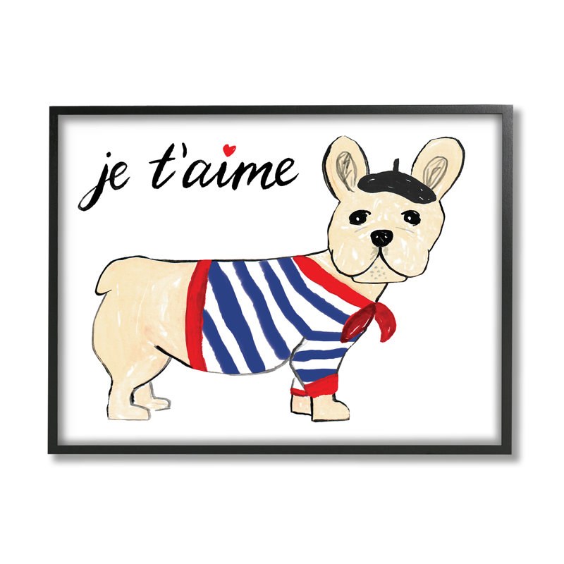 «Je T'aime», chien français portant un béret par Heather Strianese - peinture, H 11 po x l 14 po x P 1,5 po