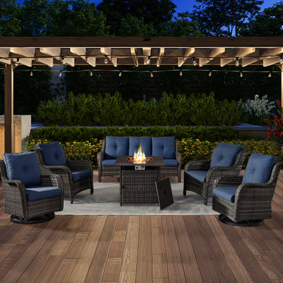 Schutt 7 - Person Outdoor Sofa Seating Group with Patio Wicker Chairs, Fire Pit and Cushions