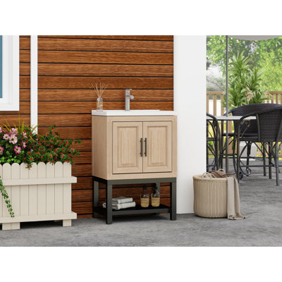 Armoire de salle de bain 24 po avec robinet en aluminium de haute qualité, 2 portes et poignées en métal noir pour lavabo d'extérieur en céramique blanche, portes de rangement en bronze industriel mat