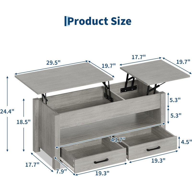 Table basse avec plateau relevable, table basse convertible avec plateau relevable en bois, 2 tiroirs et compartiment caché, table centrale avec rangement pour le bureau à domicile