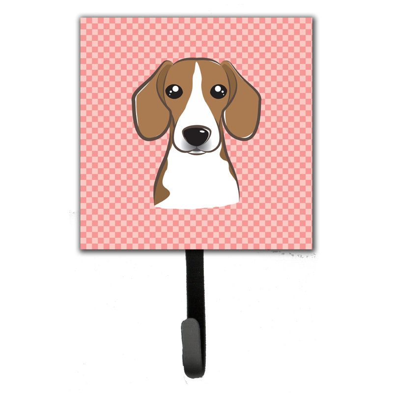 Porte-laisse à carreaux et crochet mural Beagle, Rose / brun / blanc