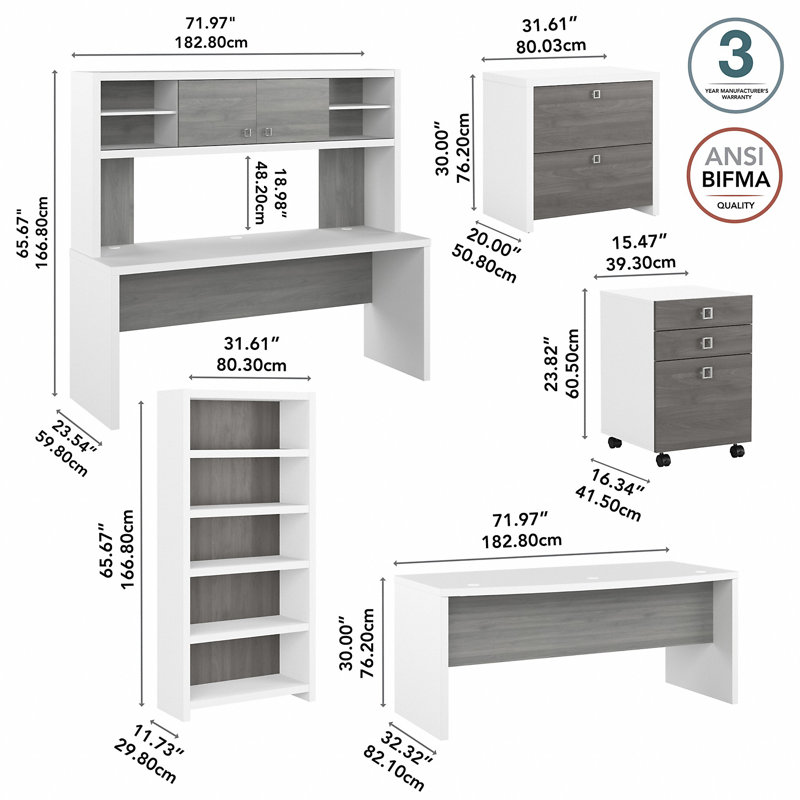 Ensemble de bureau d'écriture rectangulaire avec rehausse 5 pièces Office 500 Collection, Blanc pur / gris moderne