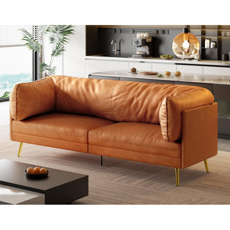 Canapé Mid-Century moderne en similicuir de 73 po avec accoudoirs très profonds et confort