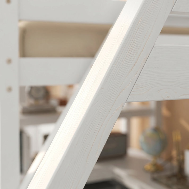 Lit mezzanine simple avec bureau intégré, tablettes, 2 tiroirs de rangement et escalier, blanc - conception en bois de pin peu encombrant