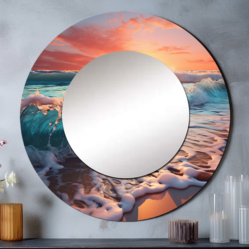 Sunset Horizon IV - miroir décoratif bord de mer, grand miroir mural rond bleu sarcelle, impression d'art en métal
